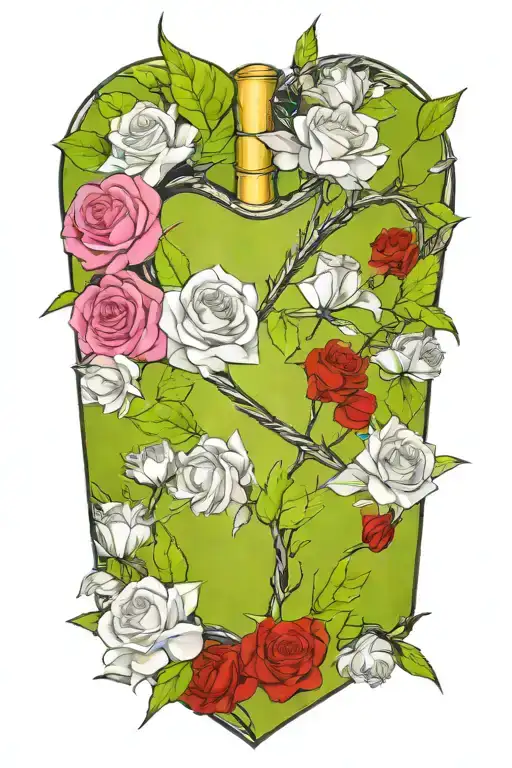 An Arrow Passing Through A Heart Surrounded By Roses And Thorns