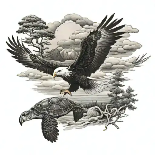 Pine Trees Two Eagles Clouds And Ocean With Sea Turtle