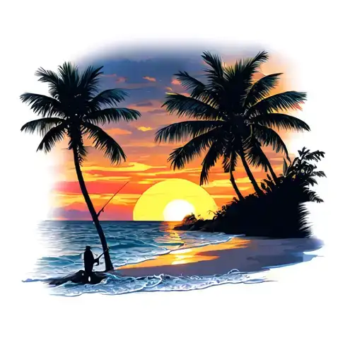 Sunset Beach With A Silhouette Of A Man Fishing In The Distance