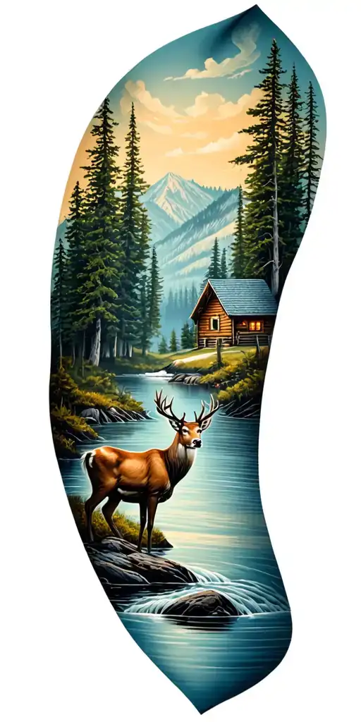 Boreal Forest Landscape Tattoo Featuring Deer Standing And Flowing River In A Lake With A Cabin