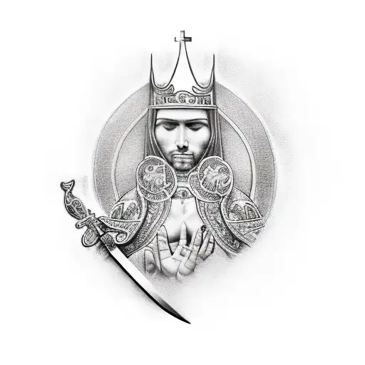 Detailed Tattoo Of A Saint Holding Scale Of Justice In One Hand And A Sword In The Other