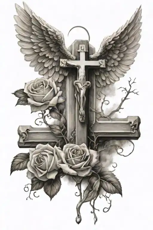 Falling Angel And A Cross With Rose On It