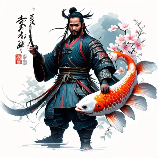 Carpe Koi Con Samurai Standing E Sakura Flowers