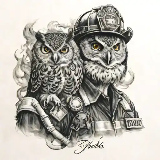 Firefighter With A Owl On The Background Black And Smoke And The Name Yenthe In It