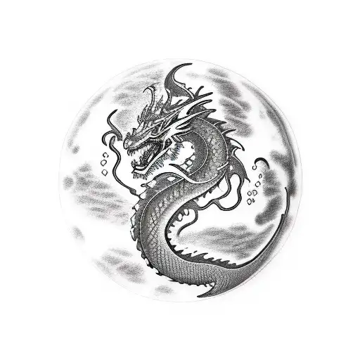 A Blackwork Tattoo Of A Dragon Wrapped Around The Planet Jupiter