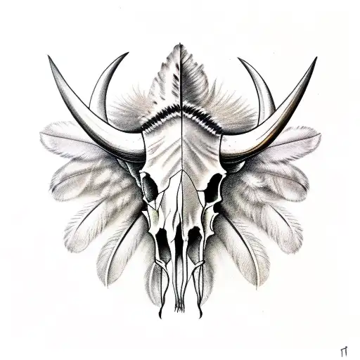 Buffalo Skull With Feathers On Horns
