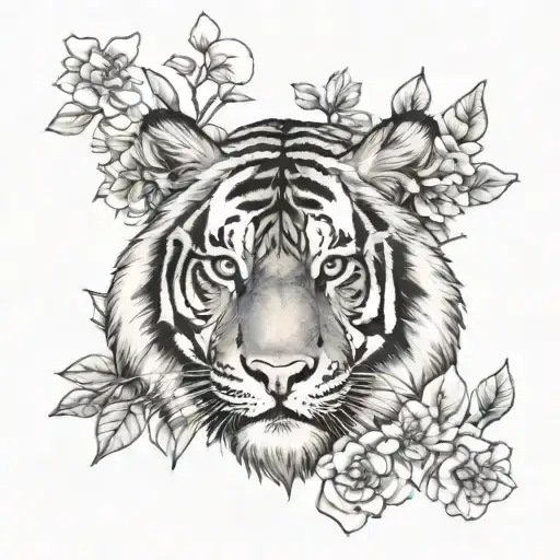 Tiger Head With Flowers