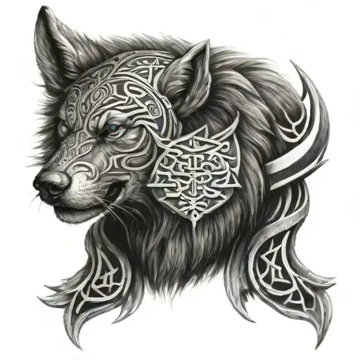 Viking Wolf Head With Runes Engraved