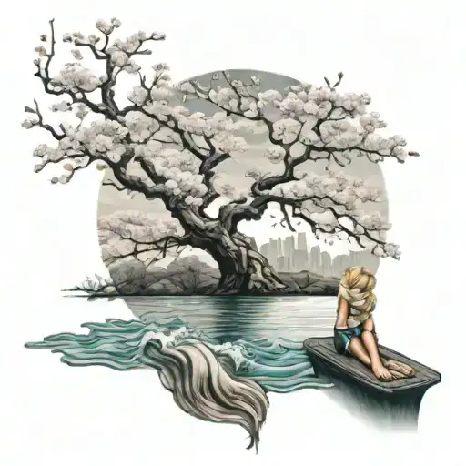 Cherry Blossom Tree Above Blonde Womans With Hair Blowing Across Her Face With River Under Her Feet