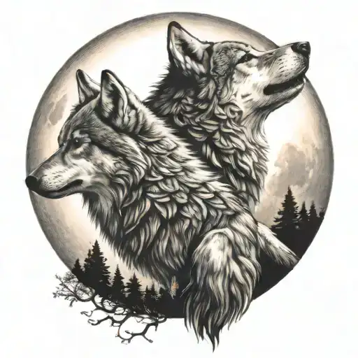 Amazon Girl And Wolf Howling At The Moon