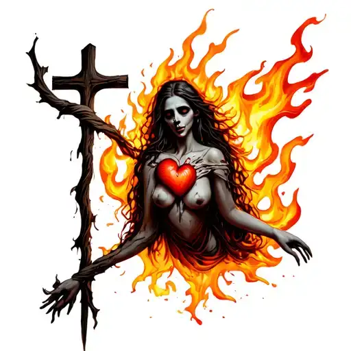 Dead Lady Clad In Fire Tied To A Stake With A Cross Implied In Her Heart