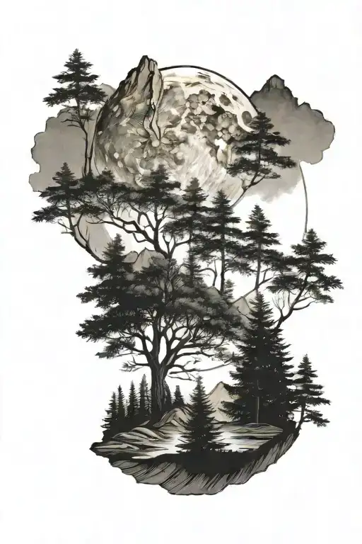 Trees And Mountain With Moon Surrounded