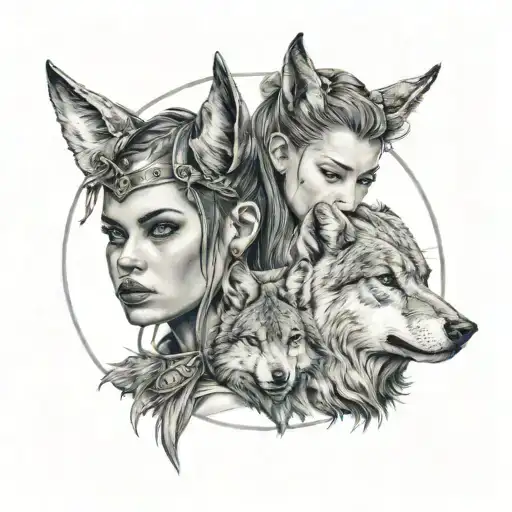 A Girl With Horns On Her Head In The Form Of Horns Holds A Wolf