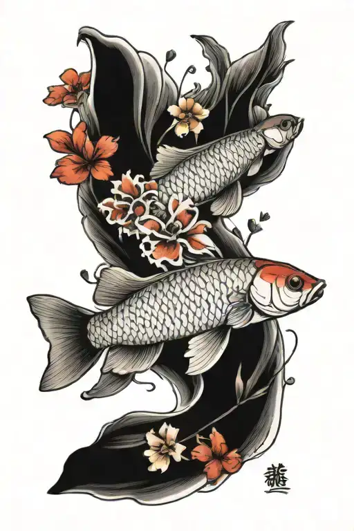 Blood Red Arowana And Butterfly Koi Fish With Flowers