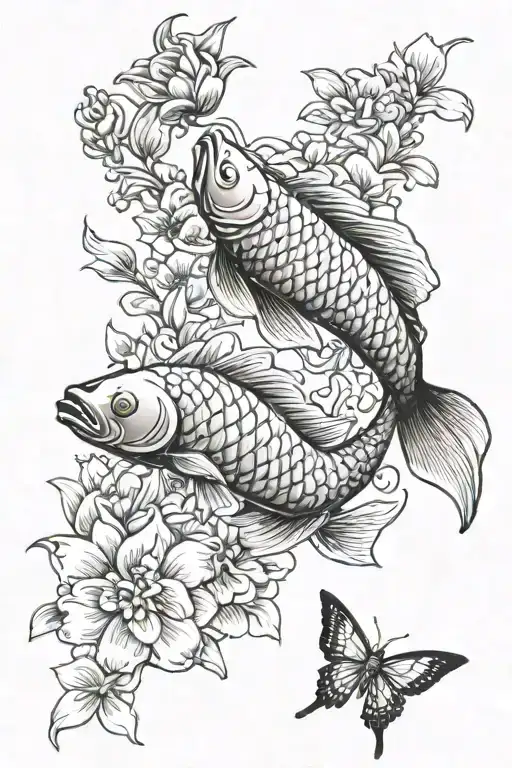Blood Red Arowana Fish And Butterfly Koi Fish Intertwined With Flowers