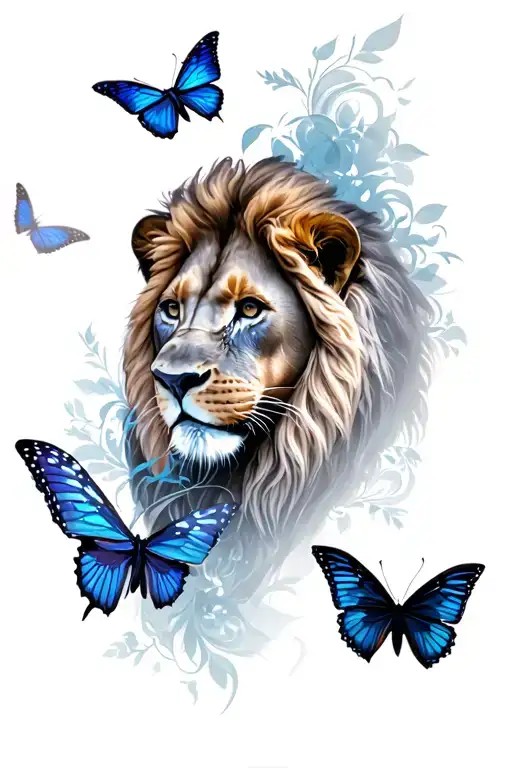 Lion And Butterflies Surrounding