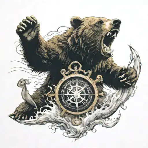 Bear Roaring With Compass And Anchor In My Storm
