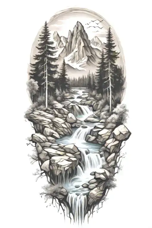 Large Mountains With Trees And Stream Flowing