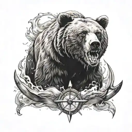 Bear Roaring In The Sea With A Compass And Anchor By The Side Of The Bear