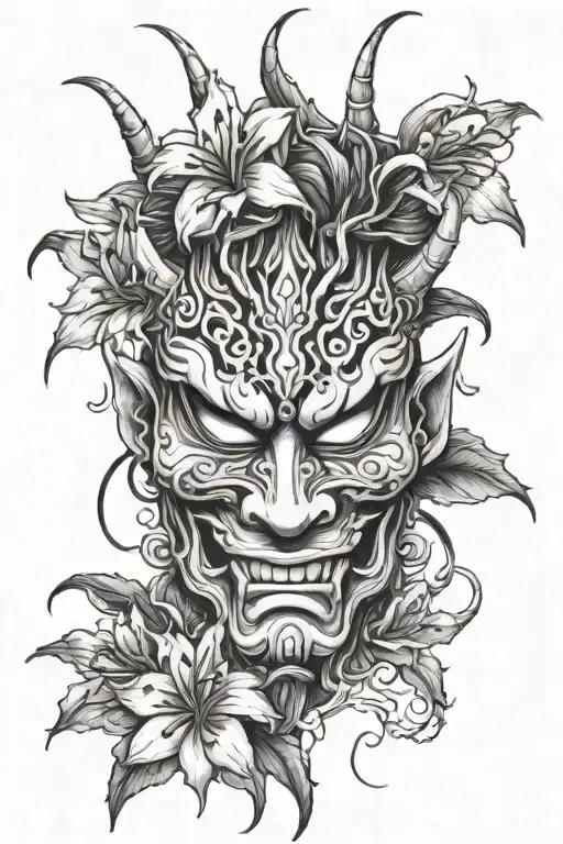 Japanese Oni Mask With Spider Lillies Growing Around