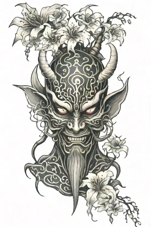 Japanese Oni Mask With Spider Lillies Growing Around
