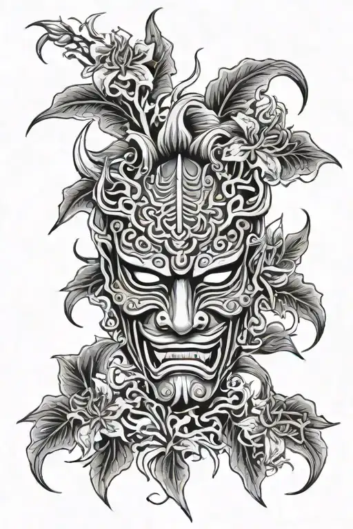 Japanese Oni Mask With Spider Lillies Growing Around