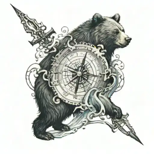Bear Fighting By The Sea Waves With A Compass And Anchor