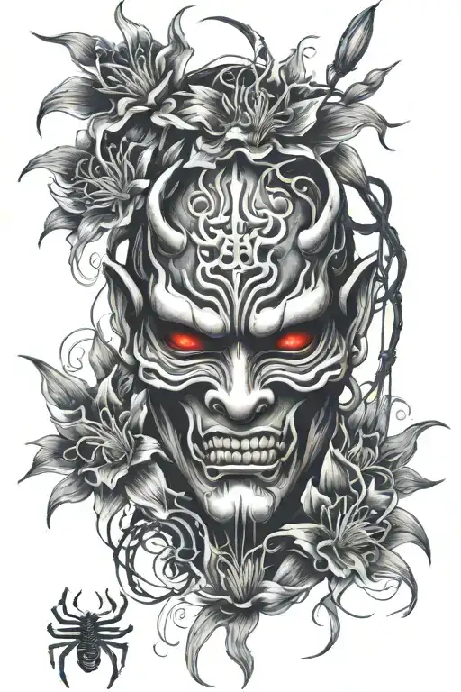 Japanese Oni Mask With Spider Lillies Growing Around With Suminagashi