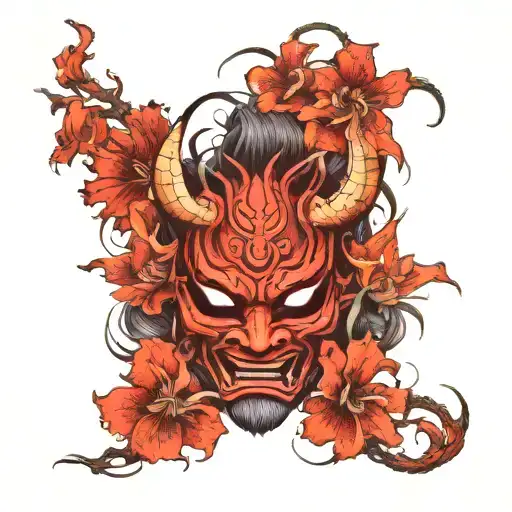 Japanese Oni Mask With Spider Lillies Growing Around