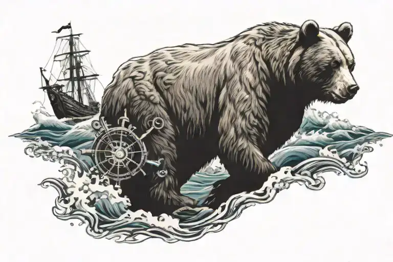 Bear Fighting By The Sea Waves With A Compass And Anchor