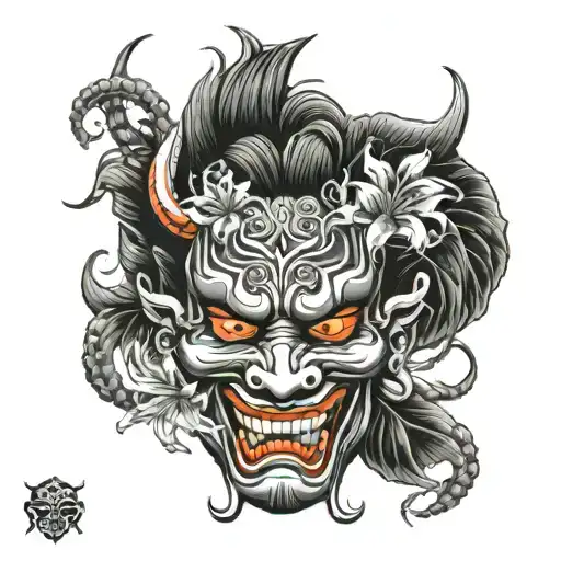 Japanese Oni Mask With Spider Lillies Growing Around