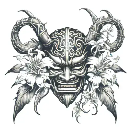 Japanese Oni Mask With Long Stem Spider Lillies Growing Around