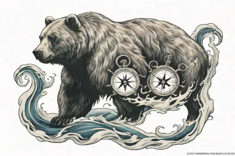 Bear Roaring By The Sea Waves With A Compass And Anchor
