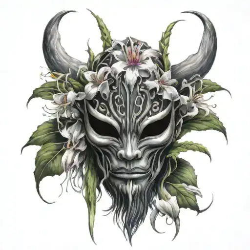 Japanese Oni Mask Featuring Long Stem Spider Lillies Growing Around