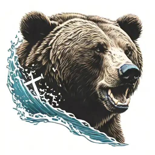 Grizzly Bear Roaring By The Sea Waves With A Compass And Anchor Next To The Bear Roaring