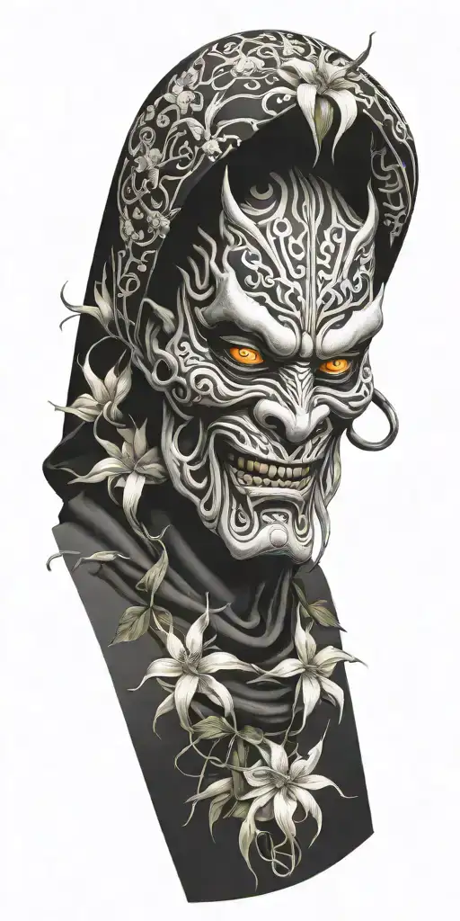 Japanese Oni Mask Featuring Spider Lillies