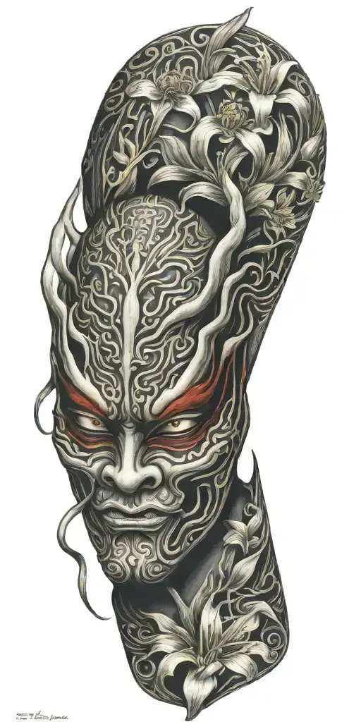 Japanese Oni Mask Featuring Spider Lillies