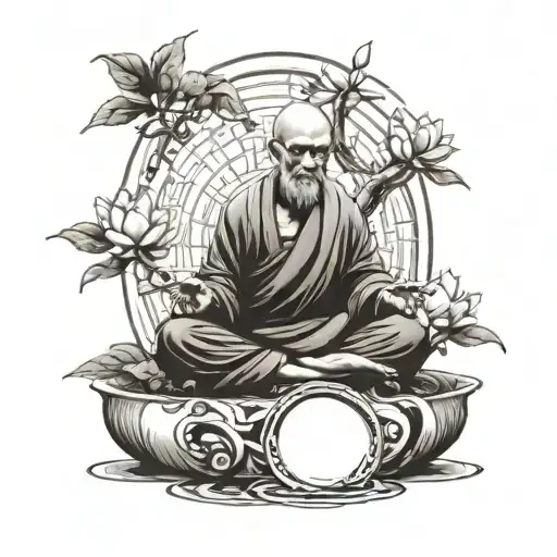 Monk Meditating And Lotus Flower And Yin Yang And Montessori With Bonsai Tree Shedding Its Leaves