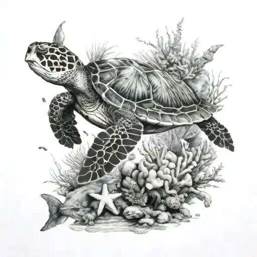 Sea Turtle And Fish In Reef Scene