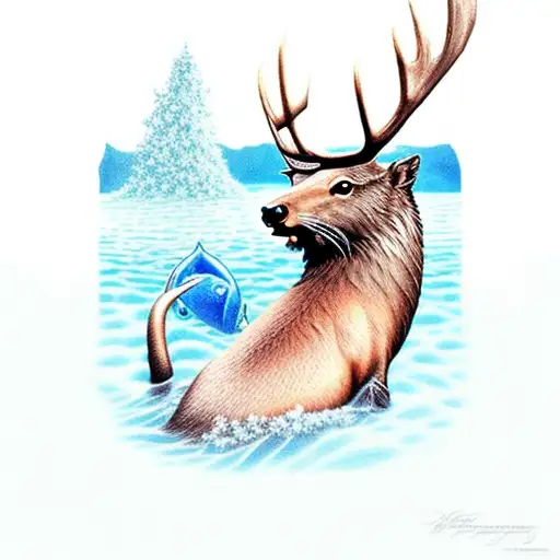 Elk Drinking Water While Otter Swims Under Water