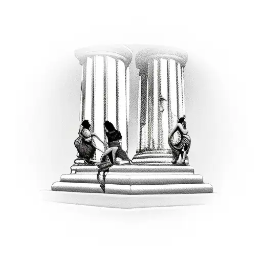 Two Moms In Front Of Greek Column Protecting A Baby Wich Each Mom Is A Sword And A Shield