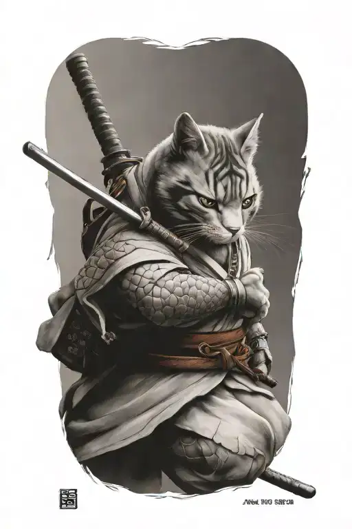 Gray Samurai Cat Warrior In Crouched Fighting Stance