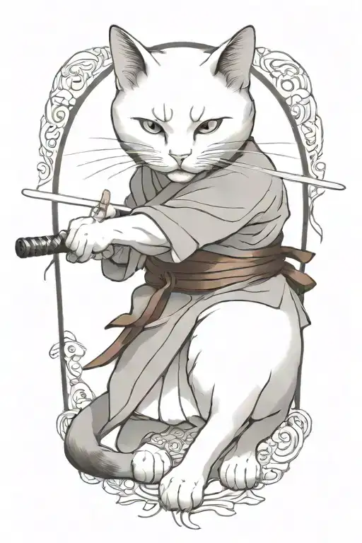 Gray Samurai Cat Warrior In Crouched Fighting Stance