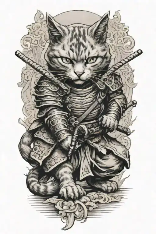 Gray Samurai Cat Warrior In Crouched Fighting Stance