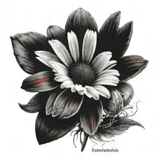 Black And Red Daisy And Inscription On The Chest