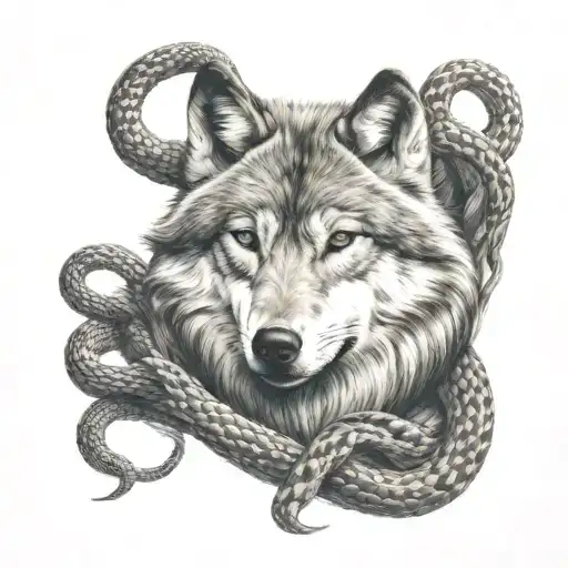 Wolf Surrounded By Snake Coiled