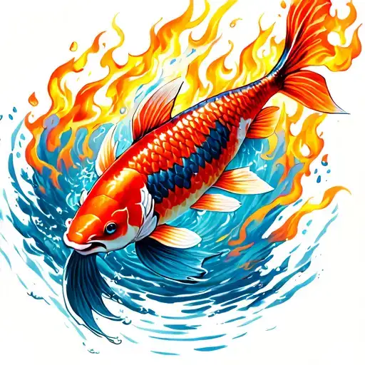 Koi Fish Swim In Fire In The Middle Of A Double -Edged Sword