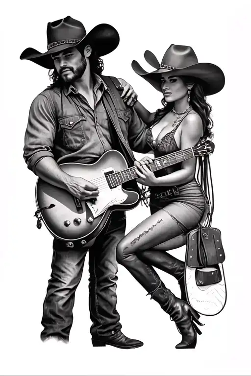 Cowboy And Cowgirl With Guitar Intertwined