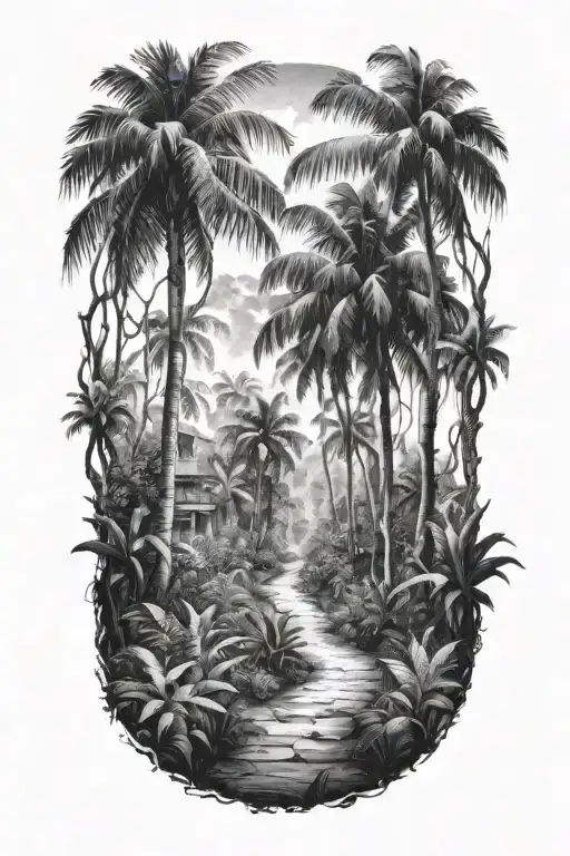Rainforest Entance Path With High Palm Trees Black And White