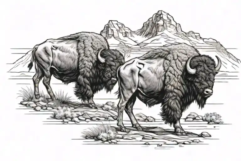 Two Buffalo Walking In Front Of A Mountain Range